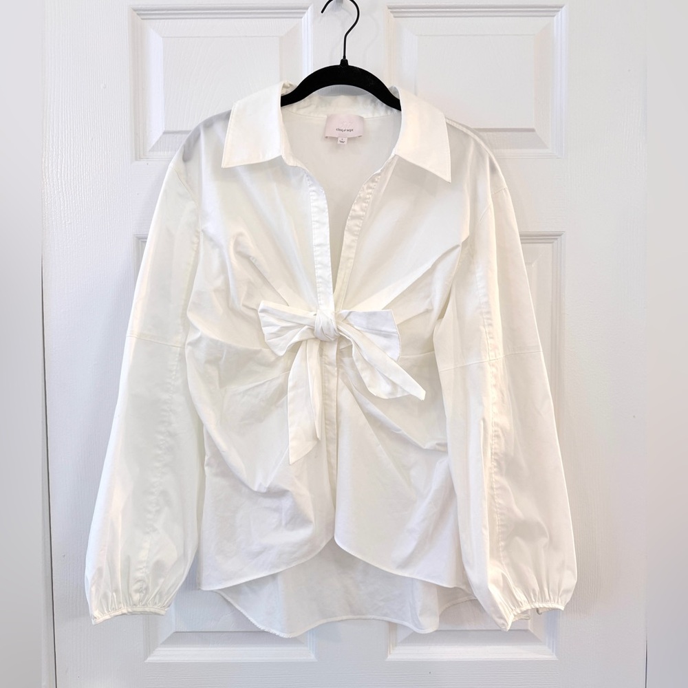 cinq a sept Austyn Flutter-Sleeve Tie Front Long Sleeve White Top - Women’s L